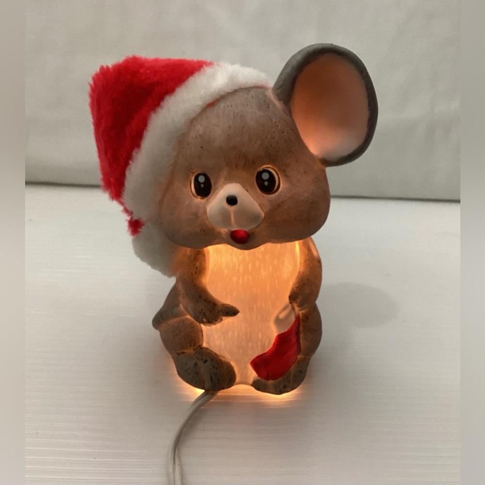 Little Mouse Ceramic Lamp Night Light with Santa’s Hat .